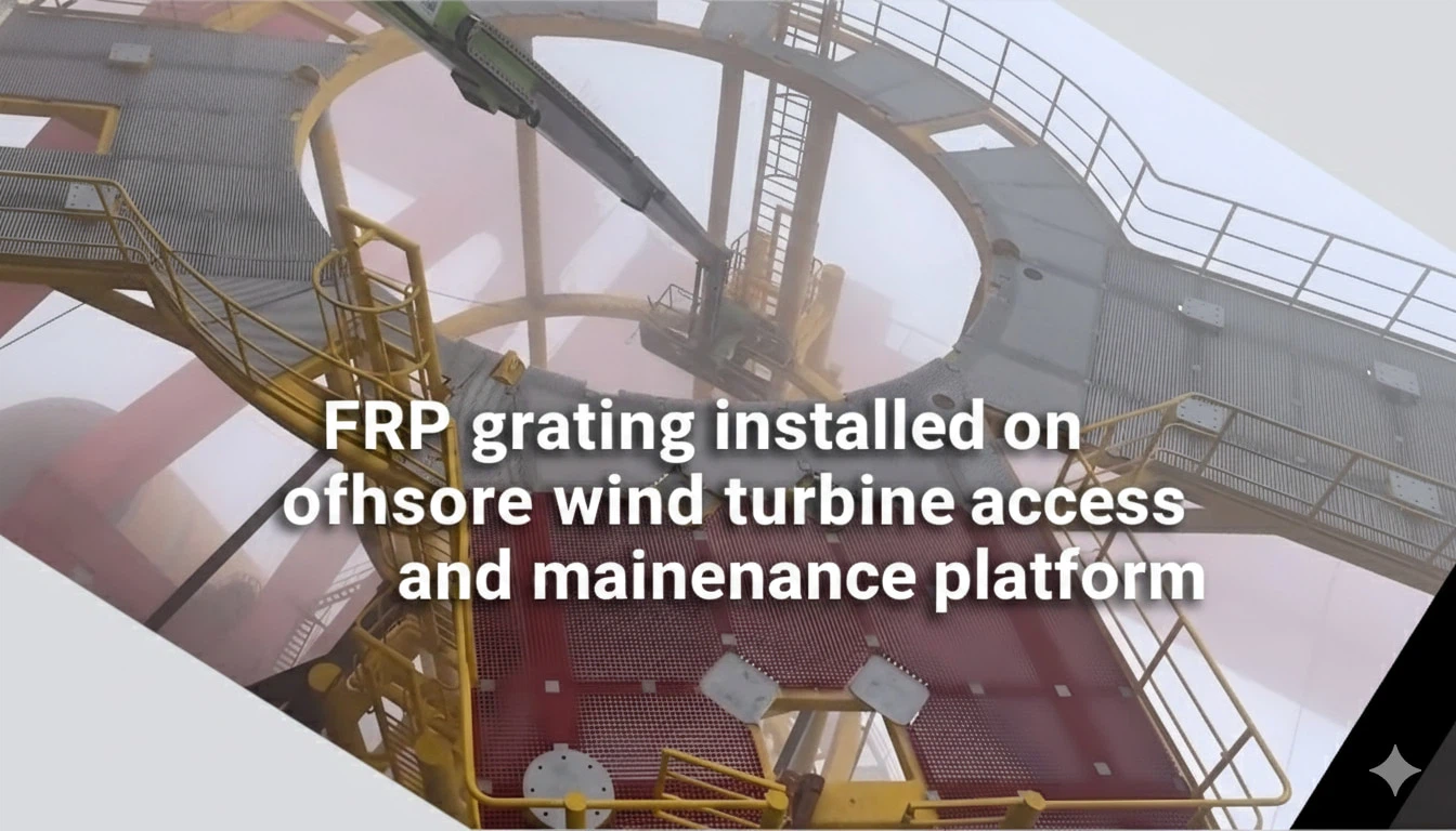 FRP grating installed on offshore wind turbine access and maintenance platform FRP grating installed on offshore wind turbine access and maintenance platform