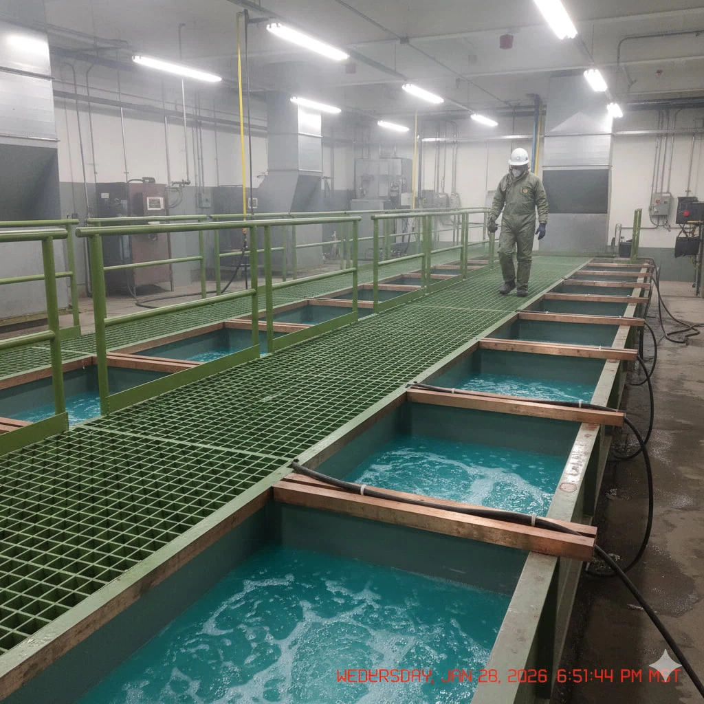 FRP fiberglass grating walkway installed along electroplating tanks in plating workshop FRP fiberglass grating walkway installed along electroplating tanks in plating workshop