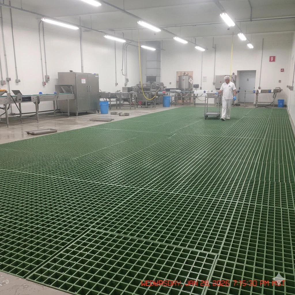 FRP grating floor system installed in a food processing plant with integrated drainage channels FRP grating floor system installed in a food processing plant with integrated drainage channels